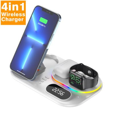 China 4in1 Wireless Charger RGB Light 3 in 1 Foldable 4in1 30W Qi Wireless Charger Clock Dock Station with Lamp for iPhone 13 14 Ultra Airpods iWatch 8 for sale