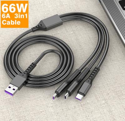 China MP3/MP4 Player 6A 66W Custom 3 in 1 Lightweight USB Charger Portable Nylon Braided Cable Fast Charging Micro USB Type C ning Charger for iPhone Android Phone for sale