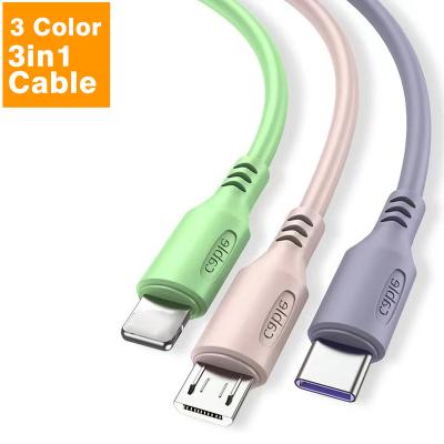 China MP3/MP4 Player Liquid Silicone Connect Accesory Multifunctional Data Line 3 In 1 Soft Usb Charger Cable 3 Color For Type-c Micro ning Light for sale