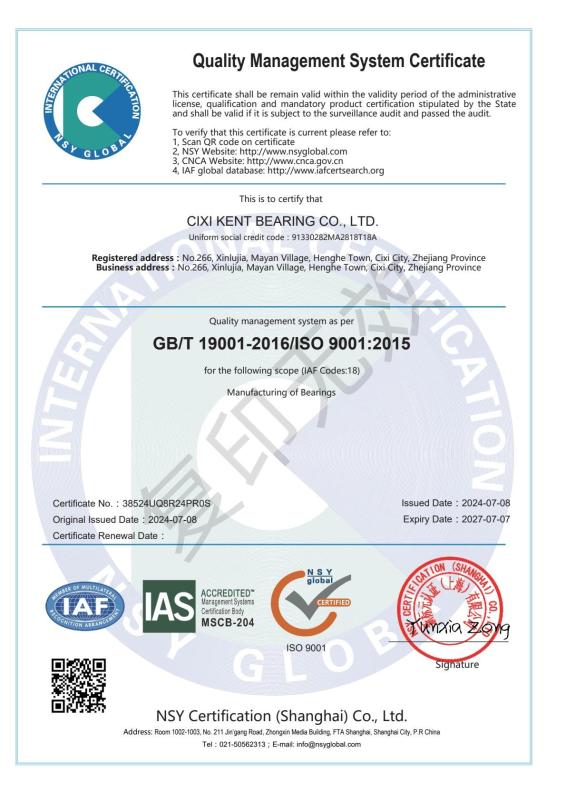 ISO 9001:2015 - Ningbo Kent Bearing Co., Ltd