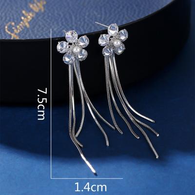 China Fashion Romantic Retro Long Pearl Liperi Liying Earrings Temperament S925 Tassel Needle Flower Dangle Silver Earrings For Women for sale