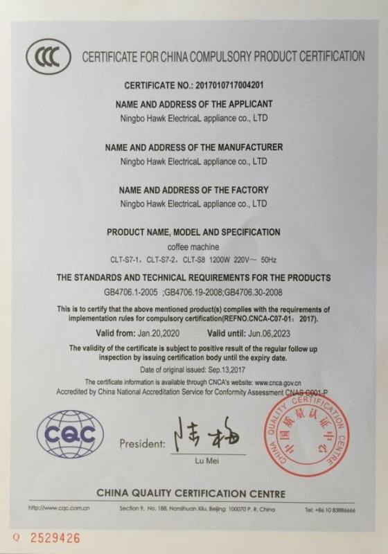 CCC - Ningbo Hawk Electrical Appliance Co.,Ltd.