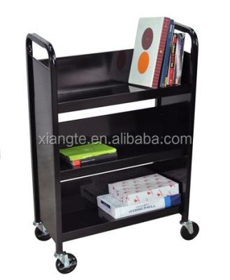 China Contemporary Bookcase Furniture Xt Iron Steel Book Cart Shelf Metal Movable Rolling Flat Book Trolley for sale