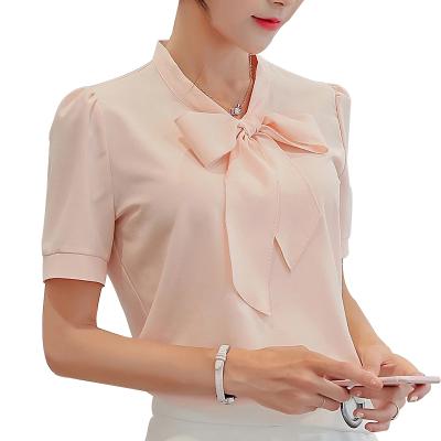 China New fashion anti-pilling gtkzs summer solid color bow lanyard office lady women's v neck short sleeve blouse shirt for sale