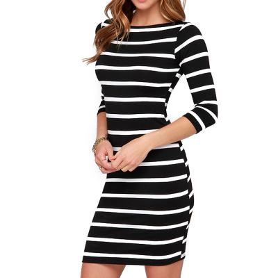 China Autumn Winter New Fashion Women's Black And White Striped Sheath Casual Dress Tight Fit Breathable Round Neck Long for sale