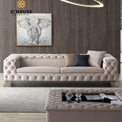 China Wholesale Tech Fabric Modular Sofa Furniture Wood Button Tufted Chesterfield Upholstered Living Room Sofa Cobblestone for sale