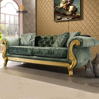 China Modular Classic Luxury Italian Hand Carved Gold Leaf Button Tufted Upholstery Fabric Chesterfield Sofa Sets for sale