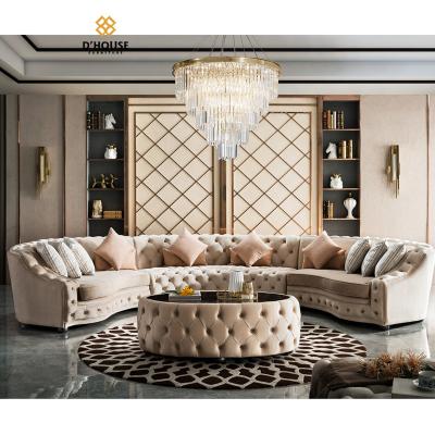 China Elegant Luxurious Classic Button Velvet Beige Chesterfield Fabric Modular Curved Sectional Corner Sofa For Living Room for sale