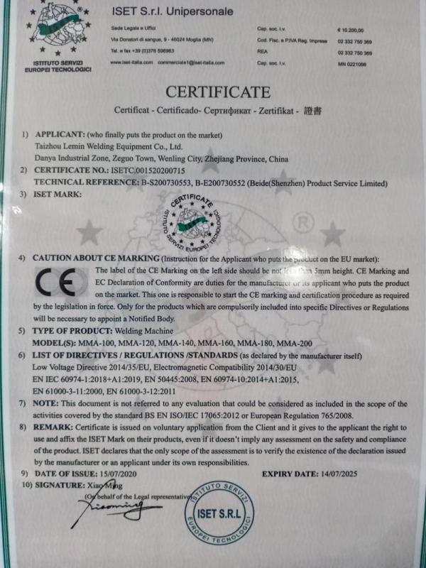 CE - Taizhou Lemin Welding Equipment Co., Ltd.