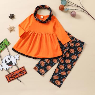 China Sweet American Girls Halloween Long Sleeve Scarf Panty Costume New Pumpkin Printed Remak Girls Outfit for sale