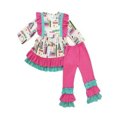 China Factory Wholesale Formal Children's Clothing Autumn Cartoon Christmas Print Little Girl Boutique Ruffle High Quality Outfits for sale