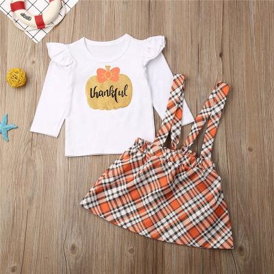 China Sweet Long Sleeves Shirt and Suspender Skirt Kids Thanksgiving Costume Girls Dress Set for sale