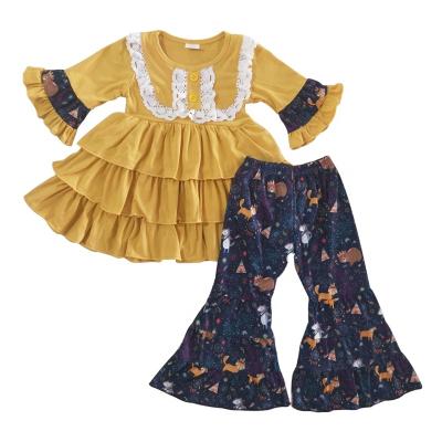 China Autumn and winter Amazon sale soft hot mustard girls clothing sets wholesale girls costumes outfits for sale