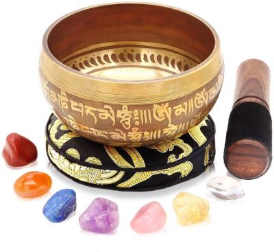 China Himalayan Bowl from Nepal Handcrafted Meditation Sound 7 Chakra Crystal Stones Healing Tibetan Singing Bowl Set for sale