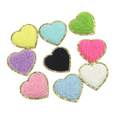 China Sew-on Iron-on DIY Fashion Style Glitter Sticker Stock Heart Shape Yellow Pink Purple Chenille Iron On Letter Patch For Handbags Jackets Hat for sale