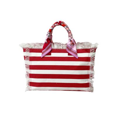 China Shopping Canvas Tote Beach Bag With Scarf Tote Hand Bag Tassel Fringe Red White Canvas Handbags Size S Stripe Canvas 9 Colors Summer for sale