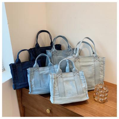 China Blue Canvas 3 Colors Denim Tote Bag Lady Canvas Shopping Bag Handbags With Straps for sale