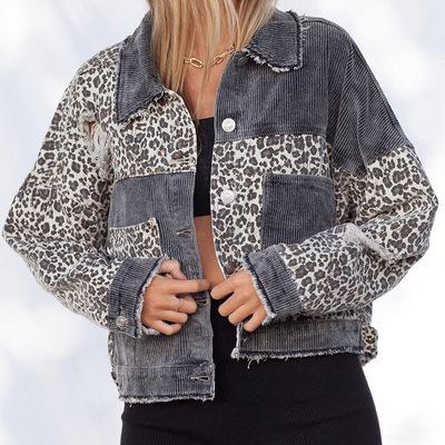 China 2022 New Design Autumn Winter Leopard Stitching Corduroy Fashion Casual Denim Jacket Denim Shirt QUICK DRY Streetwear Female Denim Coats for sale