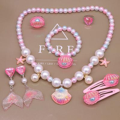 China Ocean Shell Cartoon Small Girl Jewelry Necklace Fishtail Accessories Ring Earring Europe Children's Necklace Bracelet Set for sale