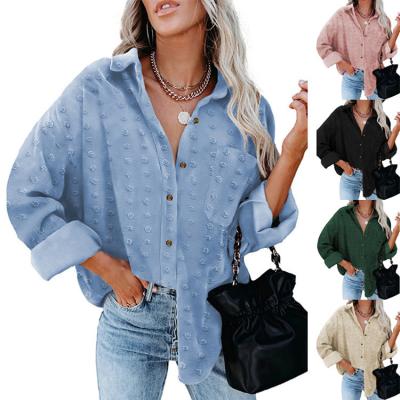 China Autumn 2021 New Solid Color Chiffon Jacquard Chiffon Lapel Long Sleeve Breathable European American Buckle Loose Cardigan Blouse Women for sale