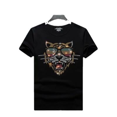 China T-shirt Men's Short Sleeve T-shirt Men's T-shirt Hot Drill Colored Diamond Breathable Head Tiger Personality Trend Sleeve Basic Shirt for sale