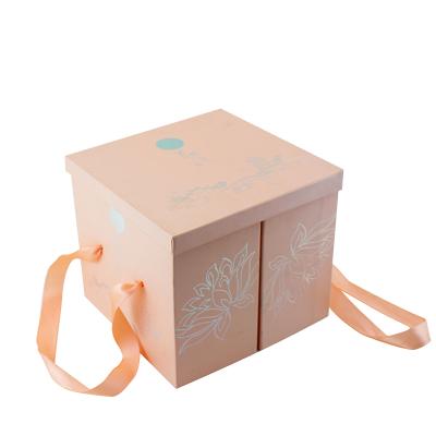 China 2020 Creative Recycled Materials Square Packaging Box Mid-Autumn Pink Mooncake Sets Gift Box With Ribbon Foil Logo for sale