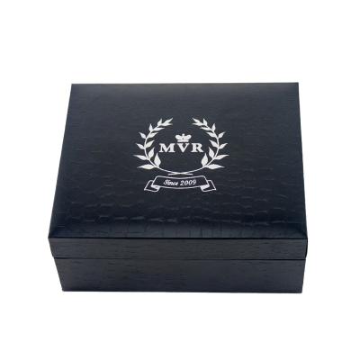 China Recycled Materials Wholesale Custom Silver Aluminum Logo Black MDF Perfume Glass Bottle Wooden Leather Packaging Box With Velvet EVA for sale