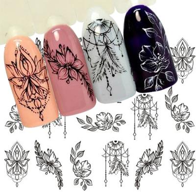 China Custom Pattern Jewelry Flower Water Decal Black Art Nail Painting Sticker Waterproof for sale