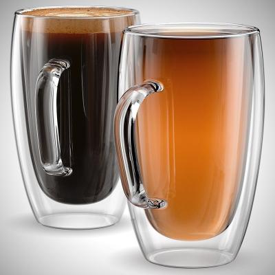 China Sustainable Popular Borosilicate 350ml 450ml Double Sided Glass Coffee Mug With Handle for sale