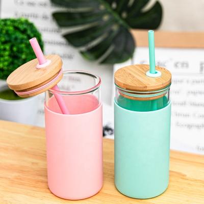 China Custom Sustainable Lid 500ml Silicone Bamboo Glass Sleeve Water Drinking Bottle With Straw for sale