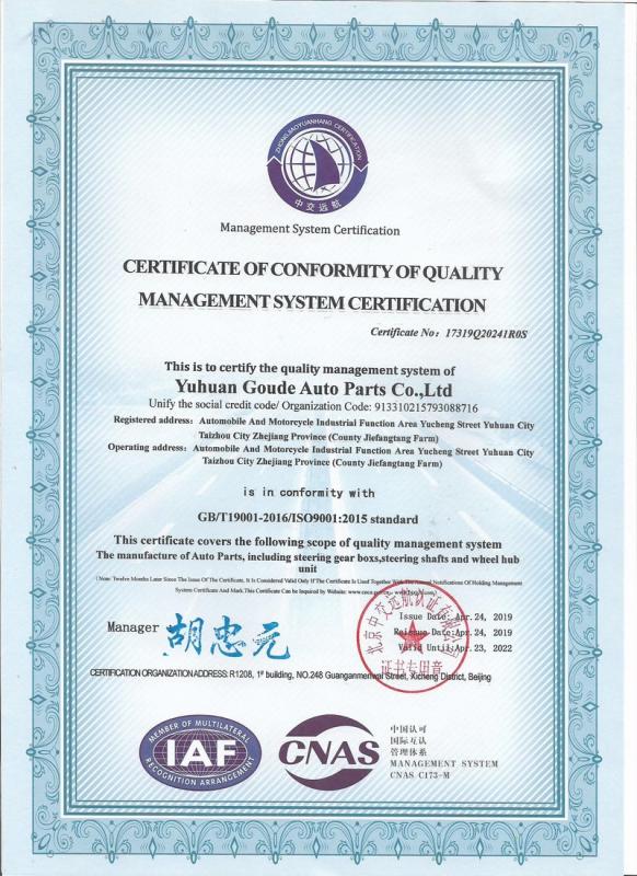 ISO9001 - Yuhuan Qingnian Auto Parts Co., Ltd.