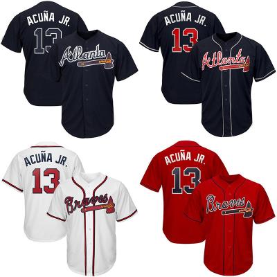 China Antibacterial 13 Ronald Acuna Jr. Red Customized Number 44 Hank Aaron Navy Black Name Embroidery Logo Baseball Jersey for sale