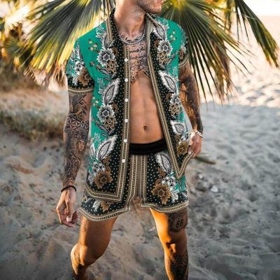 China 2021 Hawaiian Set Mens Beach Breathable Coconut Print Shorts Mens Beach Shirt Set Two Piece M-3XL for sale