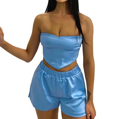 China Spring Summer QUICK DRY Blue Strapless Vest Shorts Set Casual Women's Shorts 2 Piece Set for sale