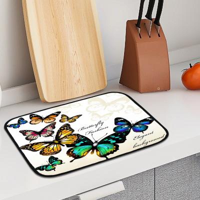 China CLASSIC Microfiber Customer Drying Mat Print Butterfly Dining Table Used Absorbent Dish Drying Mat for sale