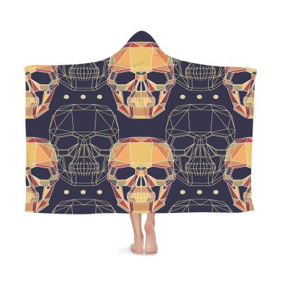 China Winter anti-static wholesale fleece throws hoodie wearable blanket 3d skull printed hooded blanket for sale