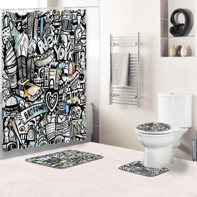 China New York City Polyester Shower Curtain Custom Printing Coordinate Bathroom Set Sustainable Abstract Painting for sale