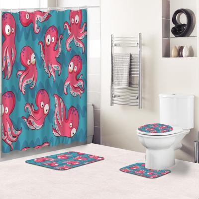 China viable 3d printed cartoon octopus bathroom sets with shower curtain and covers for bathroom decor for sale