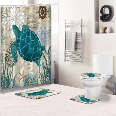 China sustainable 3d printed turtles bathroom sets with shower curtain and covers for bathroom decor for sale