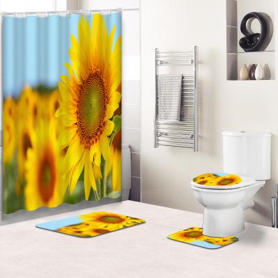 China Sustainable Design 3d Sunflower Custom Digital Printed Bathroom Sets With Shower Curtain And Covers for sale