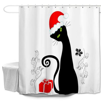 China Red Hat Black Cat Shower Curtain Bathroom Set 3D Polyester Fabric Sustainable Christmas for sale