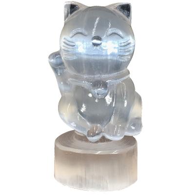 China Crystal Natural Stone China Selenite Gypsum Moroccan Transparent Fortune Cat Ornaments for sale