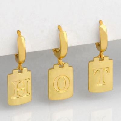 China HOT Fashion Summer Bling CZ Tennis Alphabet Initial Letter Square Women Huggie Circle Copper Earrings for sale