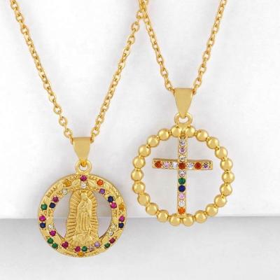 China Hot Sale Exquisite Workmanship Women Virgin Mary Necklace With Colorful Inlay Zircon 18k Gold Plated Rainbow Best Friend Cross Necklaces for sale