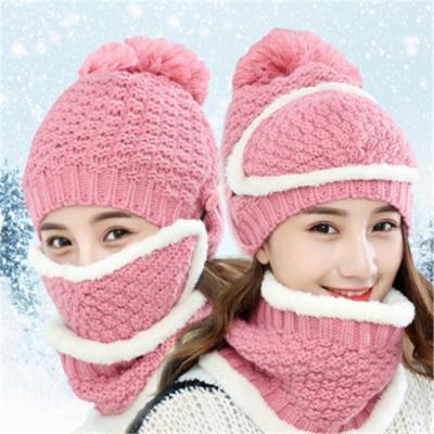 China Warm Knitted Cold Weather Soft Feeling 4pcs R0821 Winter Hat Scarf Mask Collar Ball Cap Scarf Girls Accessory Set for sale