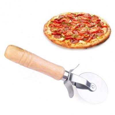 China Stocked Round Pizza Cutter Stainless Steel With Wood Handle Dough Pasta Pastry Cutter Knife Pizza Baking Tools for sale