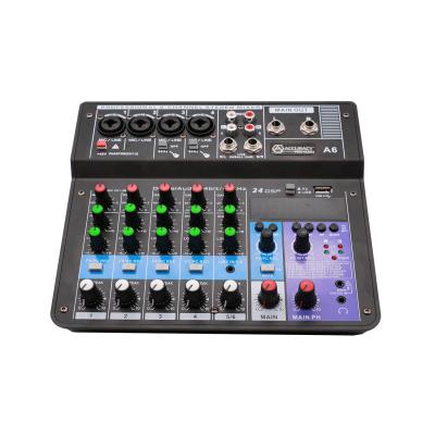 China Pro Accuracy 6 Channel A6 Audio Professional Audio Stereo Mixer With Digital Sound Card DJ Console Audio Mixer A 6 for sale