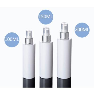 China LOW MOQ 100ml 150ml 200ml high quality white plastic spray bottle with Matt Silver Aluminum Pump for sale