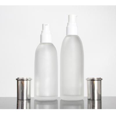 China LOW MOQ 40ML 100ML Eco-friendly Recyclable Serum Spray Pump With Silver Cap Frosted Glass Bottle for sale