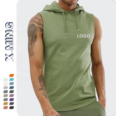 China Cheap price QUICK DRY cotton muscle tank top man white logo print fitness sports mens hoody wholesale gym hoody sleeveless vest for sale